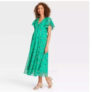 The Nines by HATCH Floral Print Flutter Short Sleeve Chiffon Maternity Dress M
